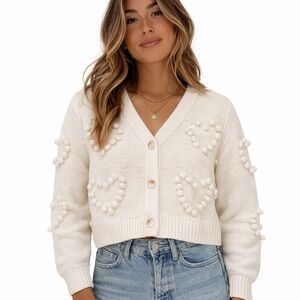 NWT Willow & Wind Ivory Heart Pom Pom Cardigan Cropped Knit Sweater Size S
